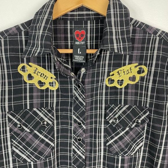 Iron Fist  Embroidered Brassknuckle Heartless Love  Snap Button Plaid Shirt Top - Picture 3 of 4